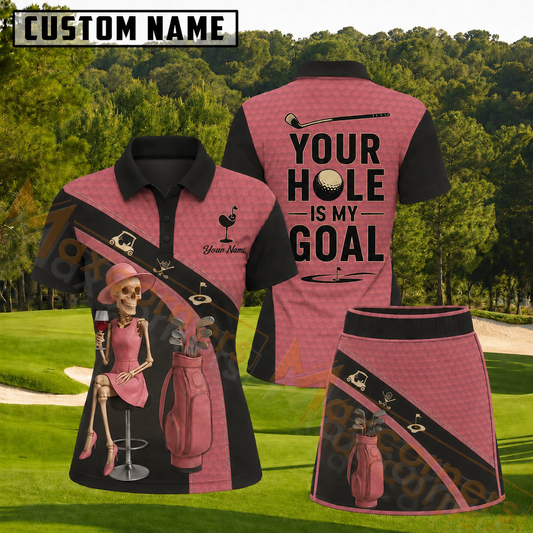 Maxcorners Pink and Black Skeleton Wine Golfer Personalized Name 3D Golf Shirt and Skirt