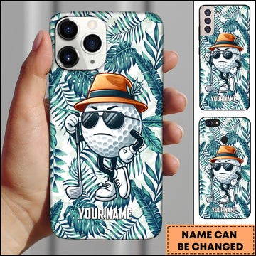 Maxcorners Golf Cool Cartoon Golf Ball Mascot Sunglasses Tropical Leaves Personalized Phone Case