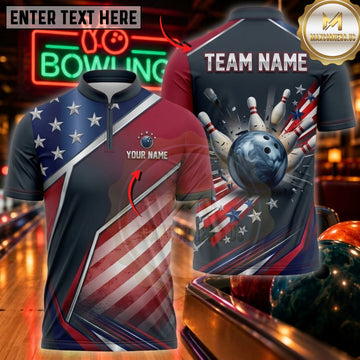 Maxcorners Bowling & American Flag Bowling Ball Graphic Customized Name, Team Name 3D Shirts