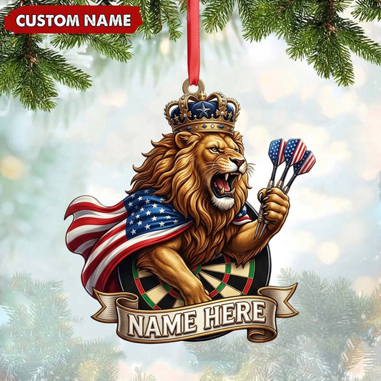 Maxcorners Darts Lover Patriotic Lion Mascot, American Flag Drape, Holding Darts Banner Personalized Name Ornament 2D Flat