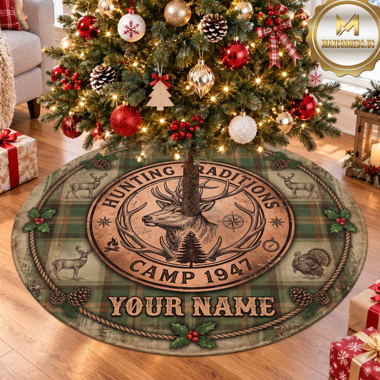 Maxcorners Hunting Buck Vintage Camp Badge Personalized Name 3D Christmas Tree Skirt