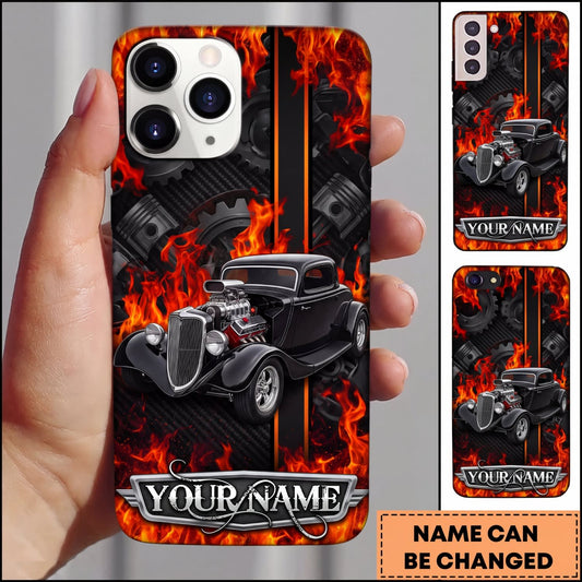 Maxcorners Hot Rod Black Vintage Car with Red Flames and Racing Garage Design Personalized Name 3D Phone Case