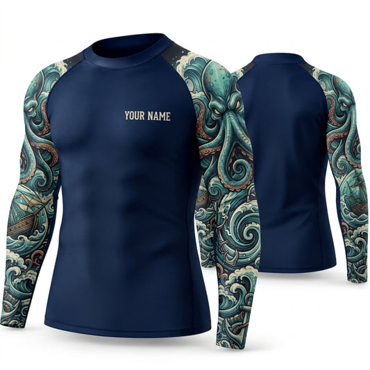 Maxcorners Personalized Ocean Tattoo Navy Shirt with Blue Gold Ornamental Sleeves 3D All Over Printed Shirts, Best Gifts for Ocean Lovers