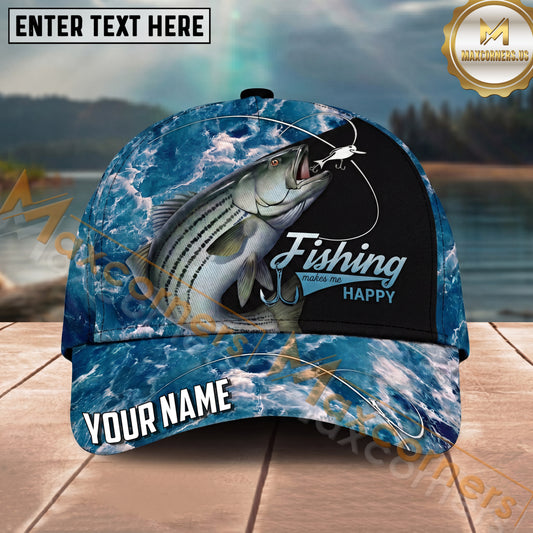 Maxcorners Fishing Blue Ocean Foam Happy Quote Personalized Name 3D Cap (12 Fish Species)