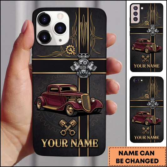 Maxcorners Hot Rod Burgundy Classic Car with Golden Garage Cross and Vintage Industrial Design Personalized Name 3D Phone Case