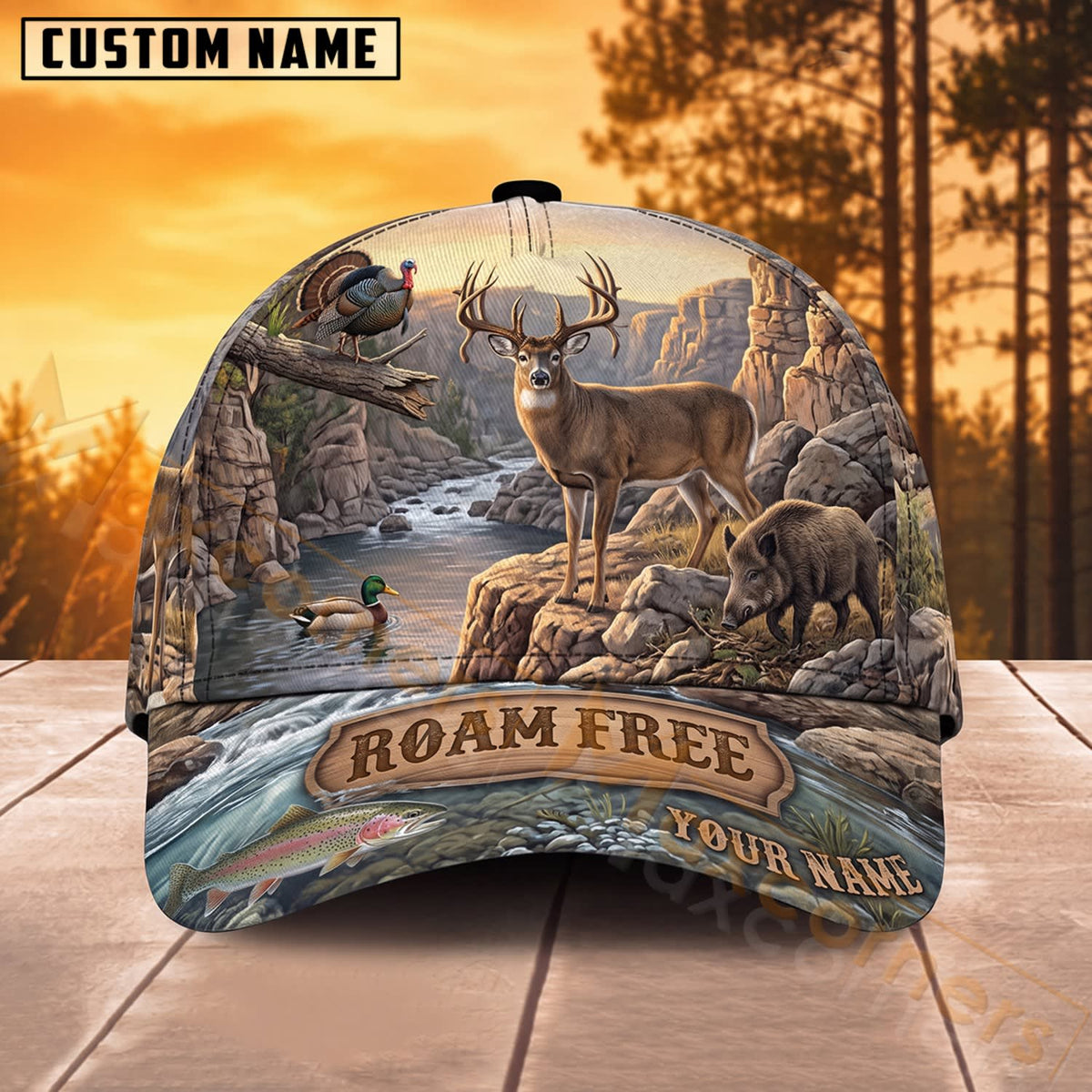 Maxcorners Whitetail Deer Hunting Lakeside Roam Free Personalized Name 3D Cap