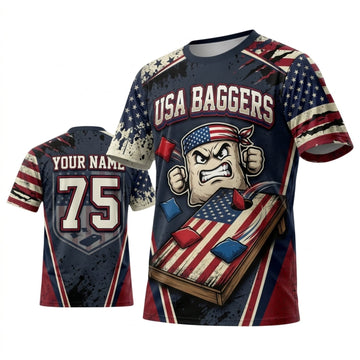 Maxcorners Cornhole USA Baggers Skull American Flag Personalized Name 3D Unisex Shirt