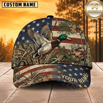 Maxcorners Duck Hunting Mallard Duck Patriotic American Flag Flight Woodland Camo Customized Name 3D Cap