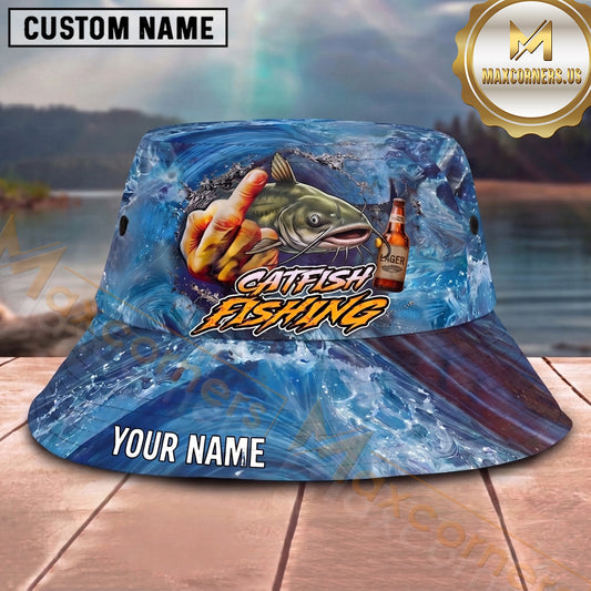 Maxcorners Fishing Blue Water Splash Personalized Name 3D Bucket Hat (12 Fish Species)