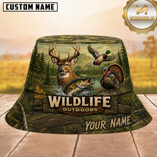 Maxcorners Hunting Wildlife Outdoor Green Mountain Lake Landscape Personalized Name 3D Bucket Hat