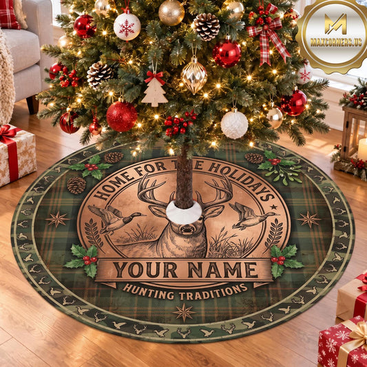 Maxcorners Hunting Buck Rustic Heritage Badge Personalized Name 3D Christmas Tree Skirt
