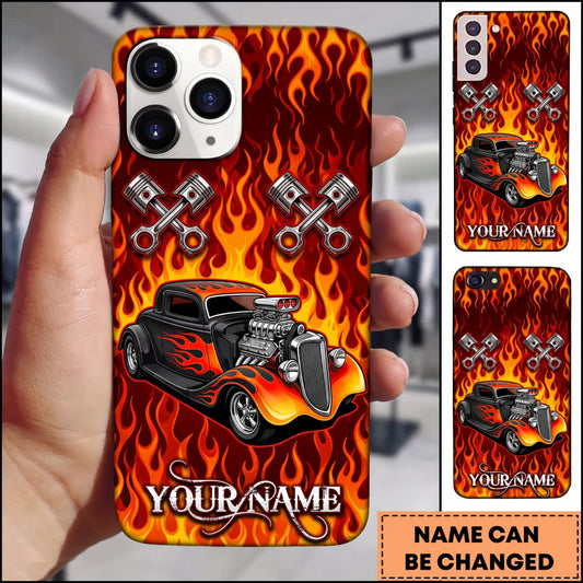 Maxcorners Hot Rod Black Vintage Car with Explosive Orange Flame and Skull Pattern Personalized Name 3D Phone Case