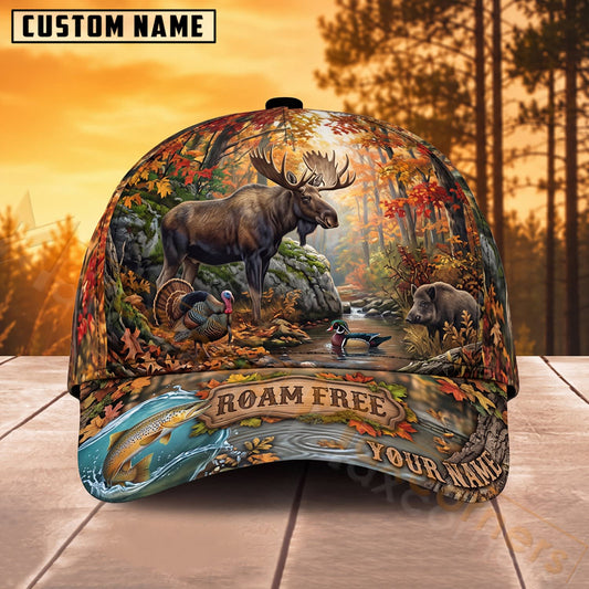 Maxcorners Moose Hunting Autumn Forest Roam Free Personalized Name 3D Cap