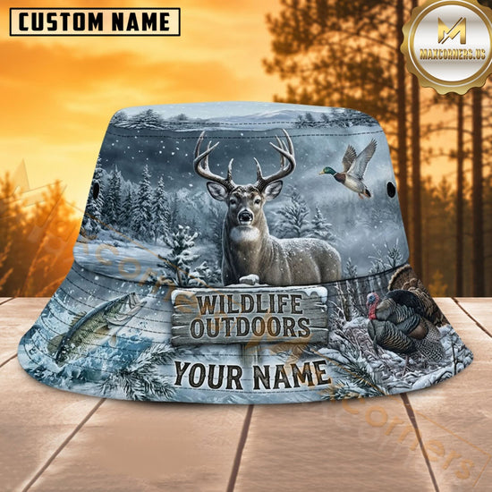 Maxcorners Deer Hunting Frozen Winter Wilderness Personalized Name 3D Bucket Hat
