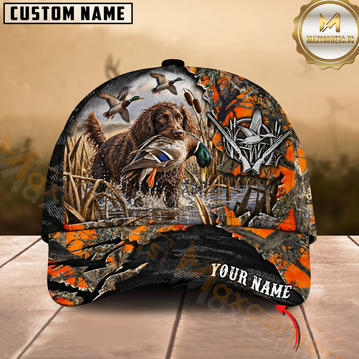 Maxcorners Dog Hunting And Duck Orange Gray Camo Skull Marsh Hunting Scene Multiple Options Personalized Name 3D Cap