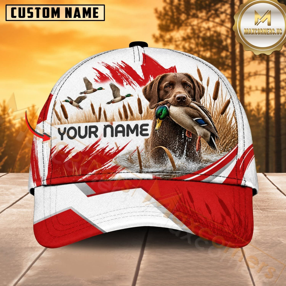 Maxcorners Dog Hunting And Duck Canadian Maple Leaf Red White Marsh Personalized Name 3D Cap