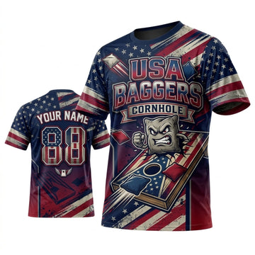 Maxcorners Cornhole Cornhole Baggers Patriotic Stars Stripes Personalized Name 3D Unisex Shirt