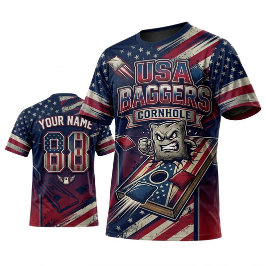 Maxcorners Cornhole Cornhole Baggers Patriotic Stars Stripes Personalized Name 3D Unisex Shirt