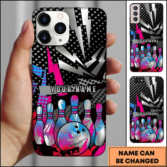 Maxcorners Bowling Pink Blue Pop Art Ball Pins Personalized Name Phone Case