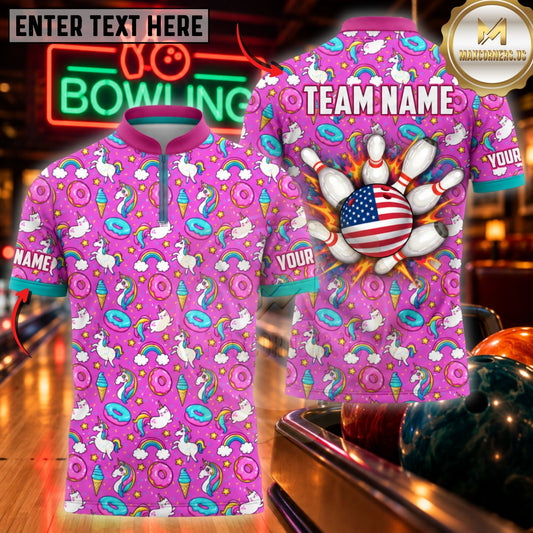 Maxcorners Bowling Tropical Flamingo Print US Flag Pins Jersey Customized Name, Team Name 3D Shirts