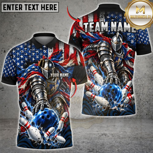 Maxcorners Bowling American Flag Knight Warrior Energy Ball Explosive Pins Graphic Customized Name, Team Name 3D Shirts