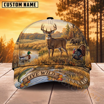 Maxcorners Whitetail Deer Hunting Golden Field Live Wild Personalized Name 3D Cap