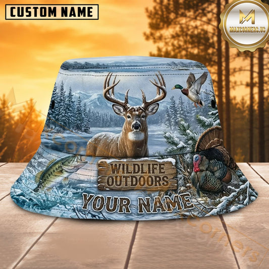 Maxcorners Deer Hunting Snow Mountain Sunrise Personalized Name 3D Bucket Hat