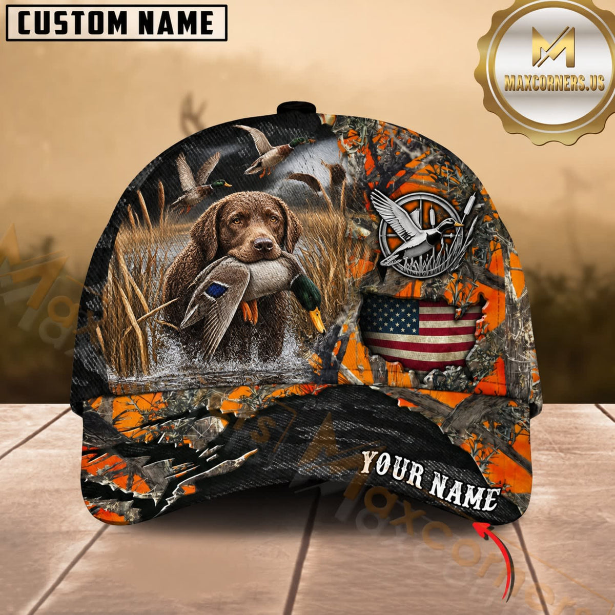Maxcorners Dog Hunting And Duck Orange Gray Camo Skull Marsh Hunting Scene Multiple Options Personalized Name 3D Cap