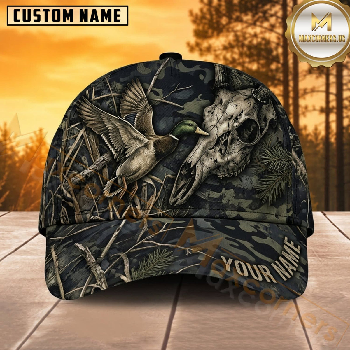 Maxcorners Duck Hunting Mallard Duck Marsh Flight with Hunting Dog Dark Woodland Camo Customized Name 3D Cap