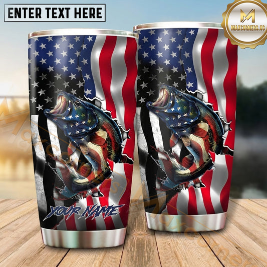 Maxcorners Fishing Tumbler Waving American Flag Action Design Personalized Name Tumbler (13 Species)