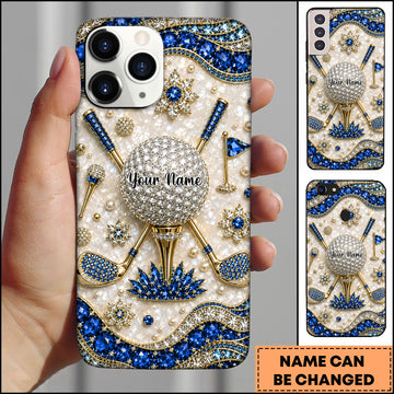Maxcorners Golf Royal Jewelry Rhinestone Wavy Border Pattern Blue Personalized Phone Case