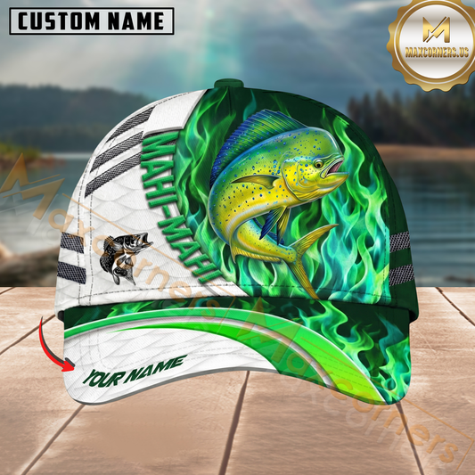 Maxcorners Fishing Green Flame Personalized Name 3D Cap