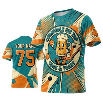 Maxcorners Cornhole Retro Teal Orange Bag Champion Personalized Name 3D Unisex Shirt