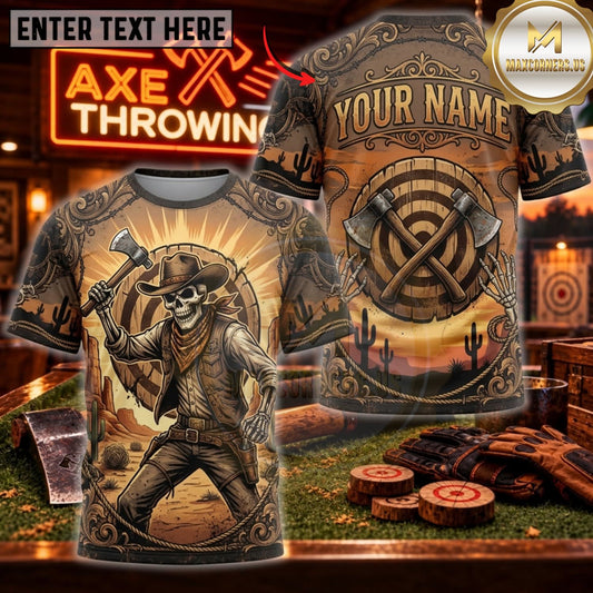 Maxcorners Axe Throwing Vintage Cowboy Bullseye Personalized Name 3D Unisex Shirt