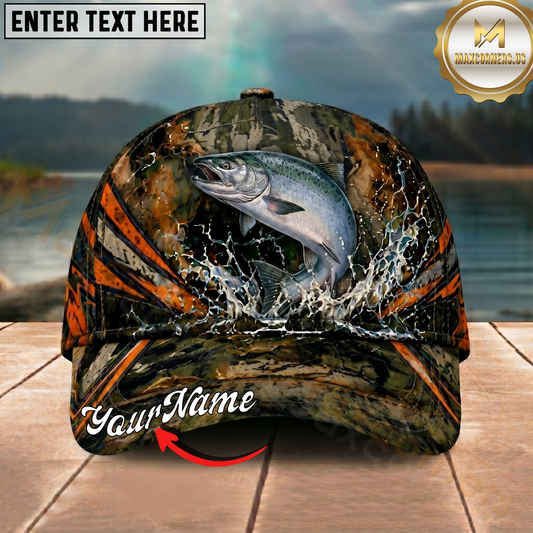 Maxcorners Fishing Woodland Camo Orange Stripe Personalized 3D Cap (12 Fish Species)
