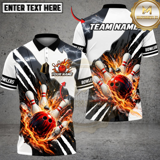 Maxcorners Bowling Pins & Explosive Ball Strike Graphic Customized Name, Team Name 3D Shirts