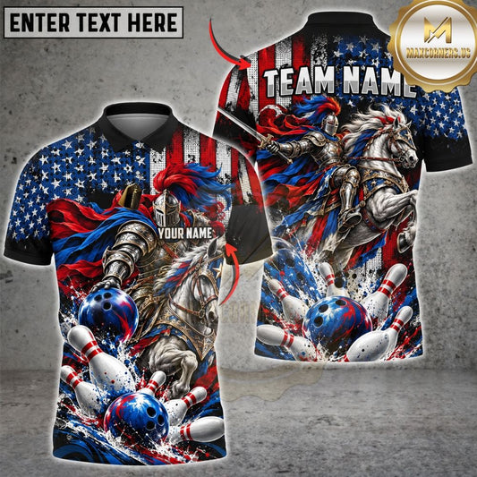Maxcorners Bowling American Flag Armored Knight Horse Battle Ball Shattered Pins Graphic Customized Name, Team Name 3D Shirts