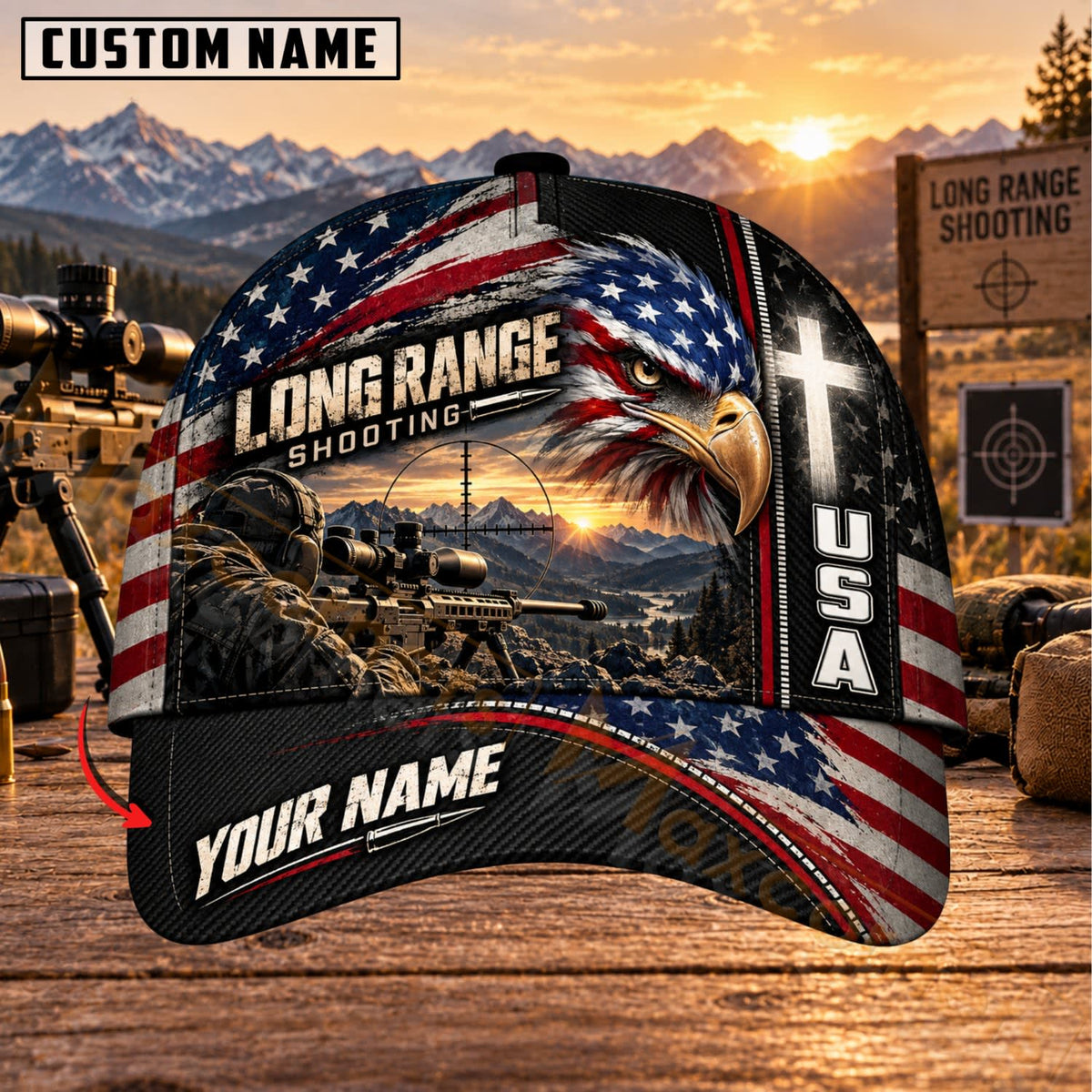 Maxcorners Long Range Shooting USA Flag Sunset Sniper Personalized Name 3D Cap