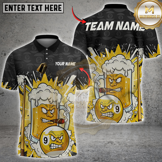 Maxcorners Billiard Funny Beer Cartoon 9 Ball Personalized Name 3D Unisex Shirt