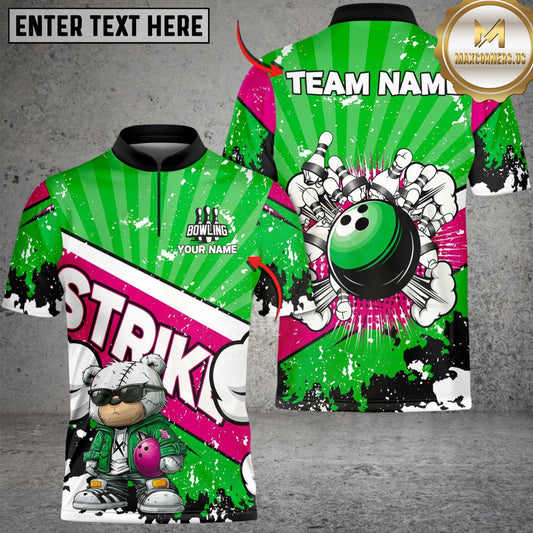 Maxcorners Bowling Strike Teddy Green Splash Multicolor Customized Name, Team Name 3D Shirts