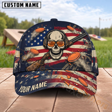 Maxcorners Trap & Skeet Shooting American Flag Skull Flying Clays Personalized Name 3D Cap