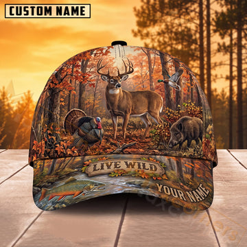 Maxcorners Whitetail Deer Hunting Autumn Woodland Live Wild Personalized Name 3D Cap
