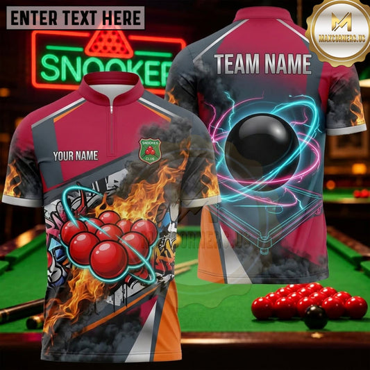 Maxcorners Snooker Gray Red Fiery Ball Burst Personalized Name 3D Unisex Shirt