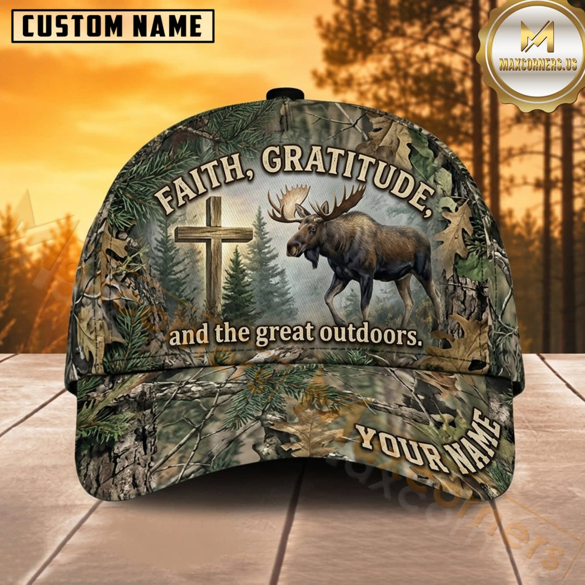 Maxcorners Moose Hunting Bull Moose Faith Gratitude and the Great Outdoors Cross Camo Customized Name 3D Cap