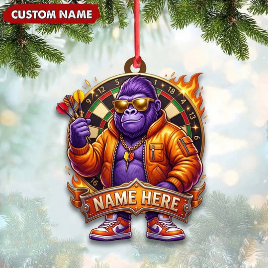 Maxcorners Darts Lover Cool Gorilla Mascot, Sunglasses, Target Board Brick Wall Banner Personalized Name Ornament 2D Flat