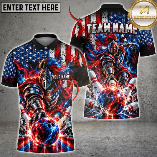 Maxcorners Bowling American Flag Crusader Warrior Energy Orb Explosive Pins Graphic Customized Name, Team Name 3D Shirts