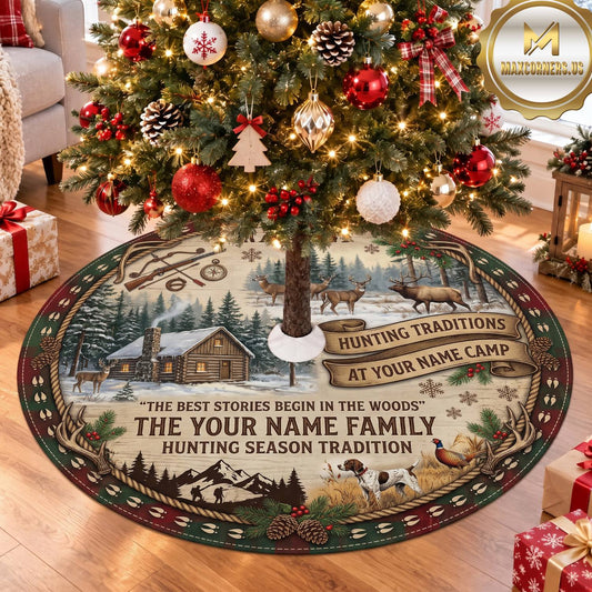 Maxcorners Hunting Family Heritage Camp Collage Personalized Name 3D Christmas Tree Skirt