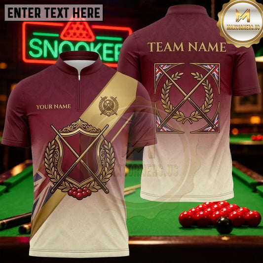 Maxcorners Snooker Burgundy Cream Gold Vintage Crest Personalized Name 3D Unisex Shirt