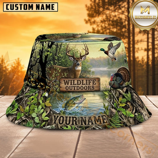 Maxcorners Turkey Hunting Green Foliage Forest Personalized Name 3D Bucket Hat