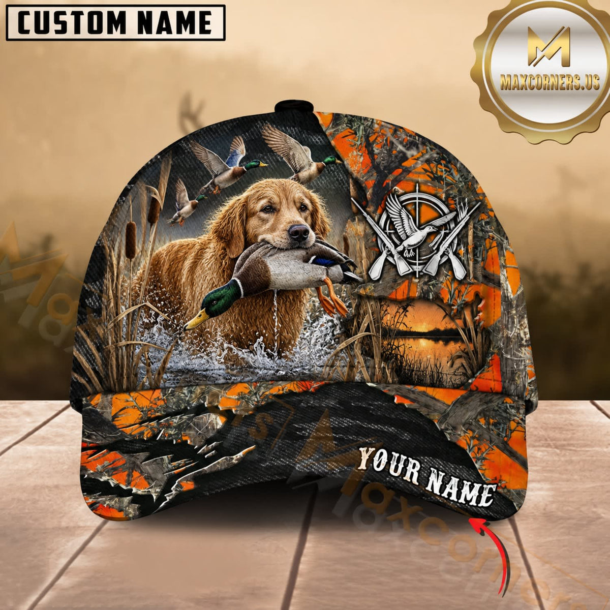 Maxcorners Dog Hunting And Duck Orange Gray Camo Skull Marsh Hunting Scene Multiple Options Personalized Name 3D Cap